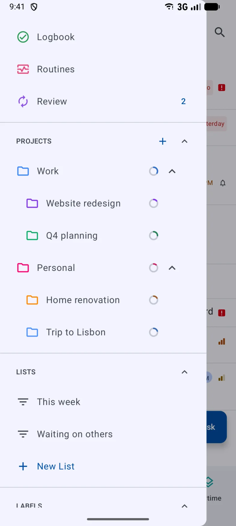 The Android drawer with smart lists, custom lists, projects and labels.