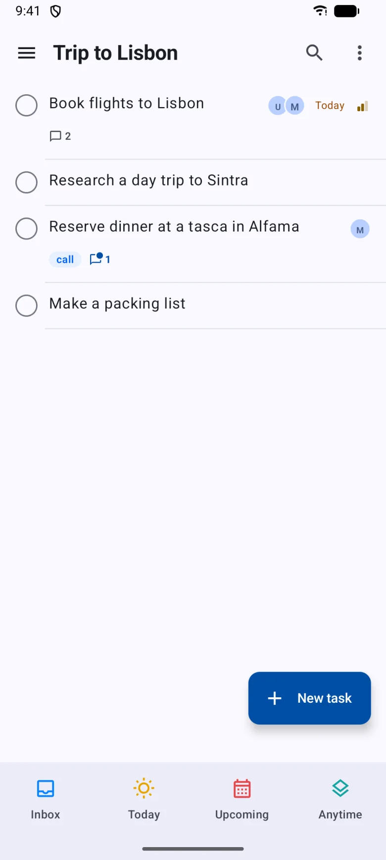 A shared project on Android: Trip to Lisbon with who is assigned and comment counts.