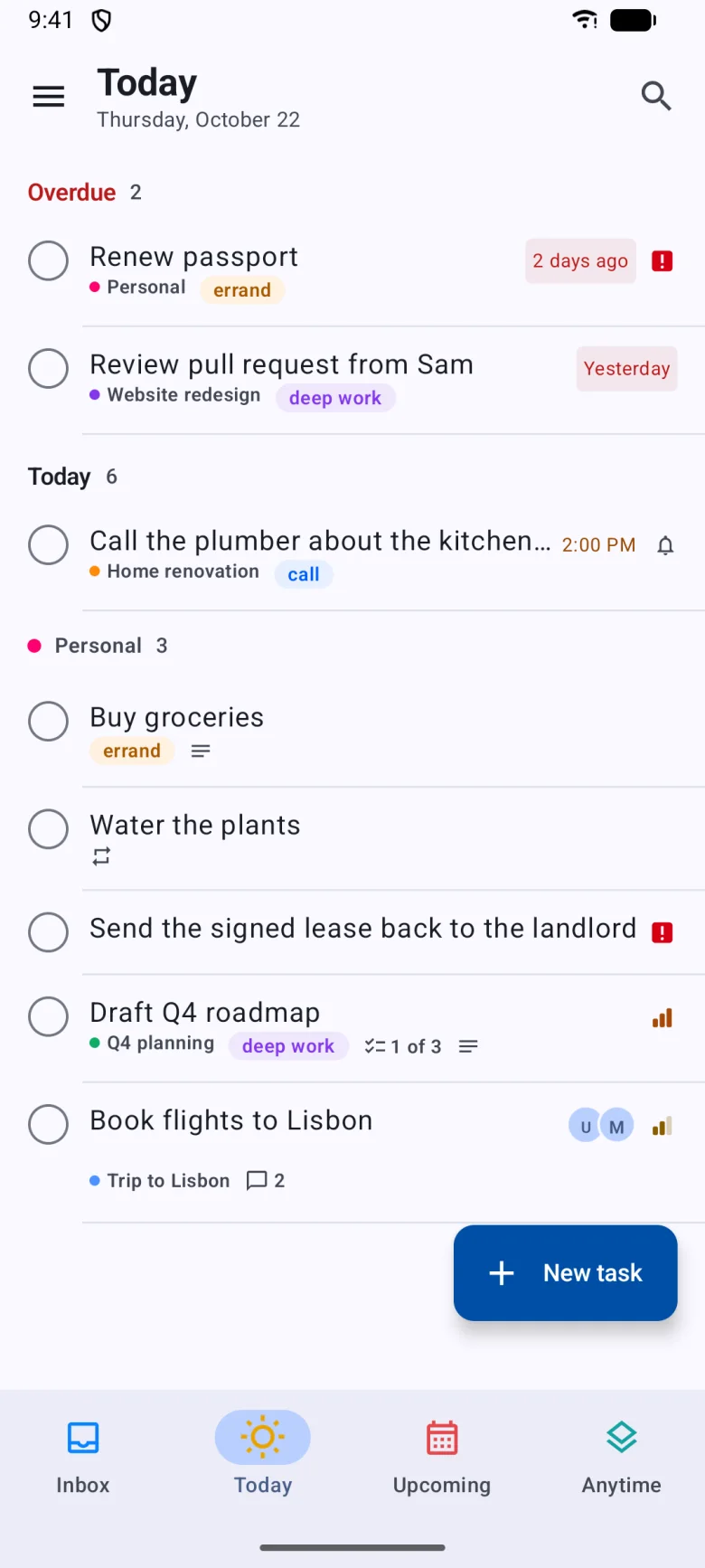 Today on Android: overdue and today's tasks with the bottom bar.