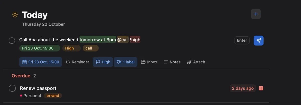 The new-task composer in dark mode.