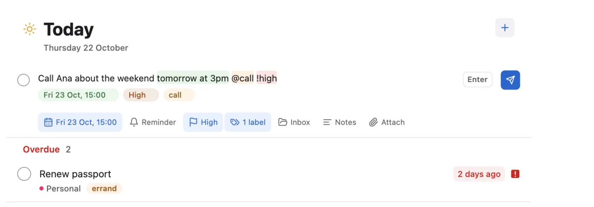 The new-task composer in the desktop app: tomorrow at 3pm, @call and !high are highlighted, with chips for Fri 23 Oct 15:00, High and call.