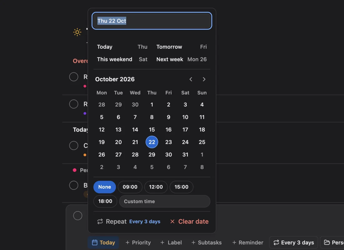 The When panel in dark mode.