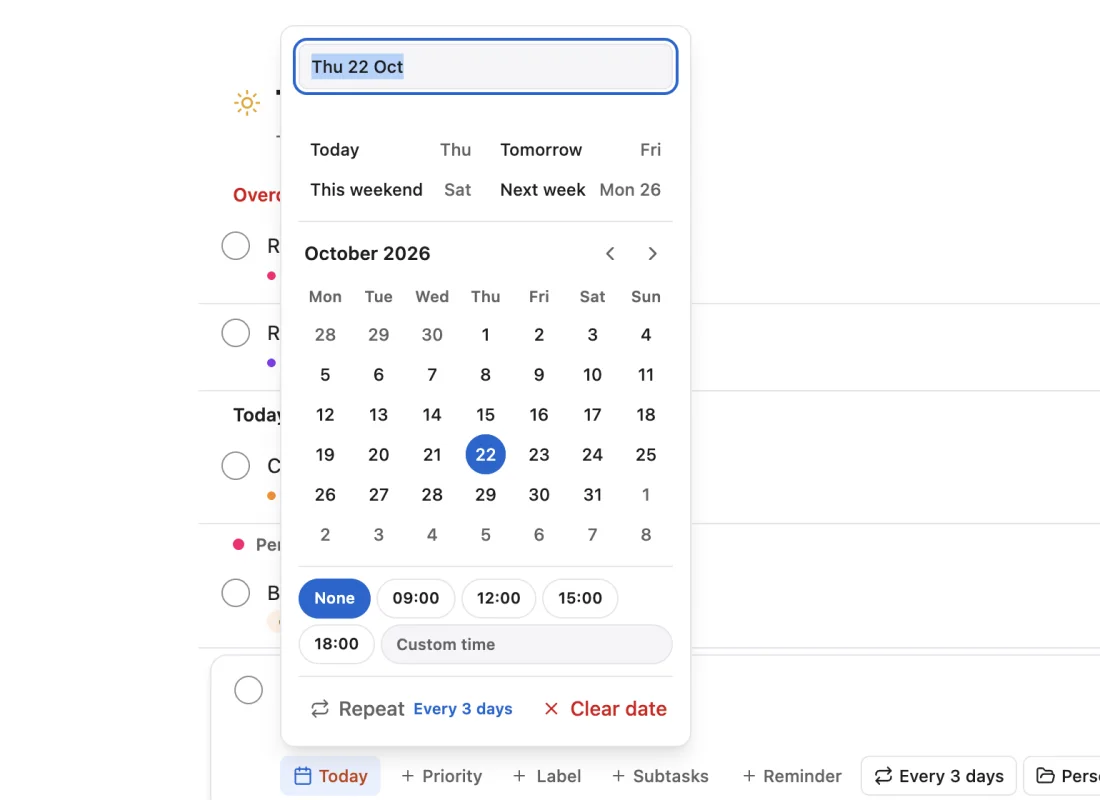 The When panel over an open task: a date field, quick choices Today, Tomorrow, This weekend and Next week, a month calendar, times, and Repeat every 3 days.