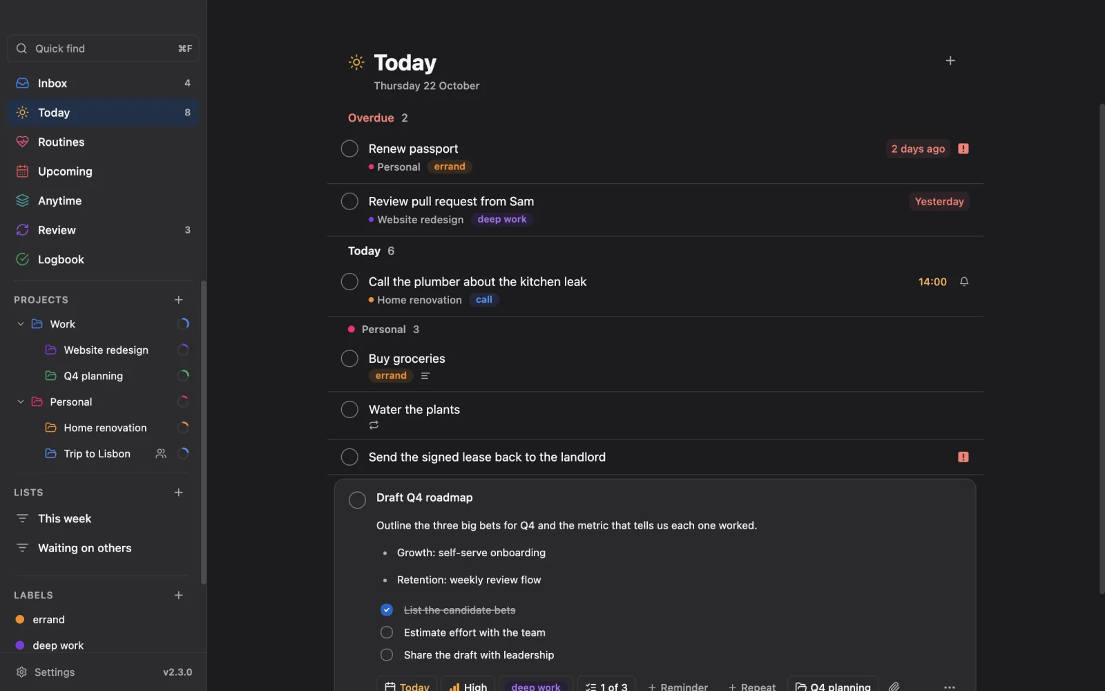 An open task card on the desktop in dark mode.