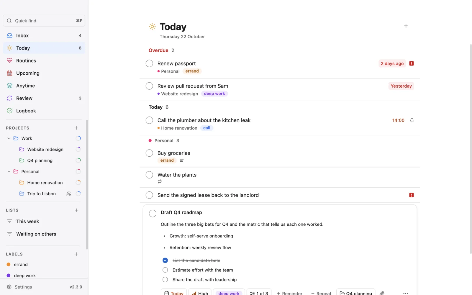 An open task on the desktop: the row has grown into a card with notes, a checklist and chips for date, priority, label, subtasks, reminder, repeat and project.