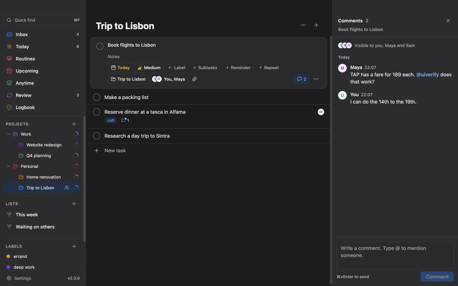 The comments pane on the desktop in dark mode.