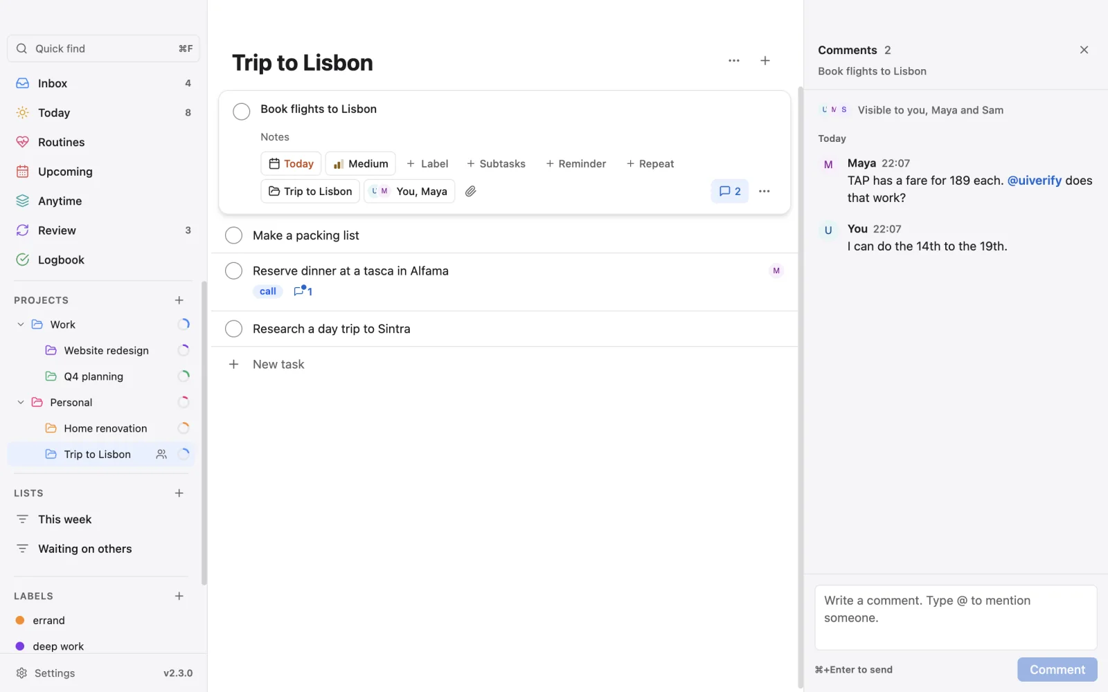 A shared project on the desktop with the comments pane open beside it: Maya asks about a flight fare and mentions you.