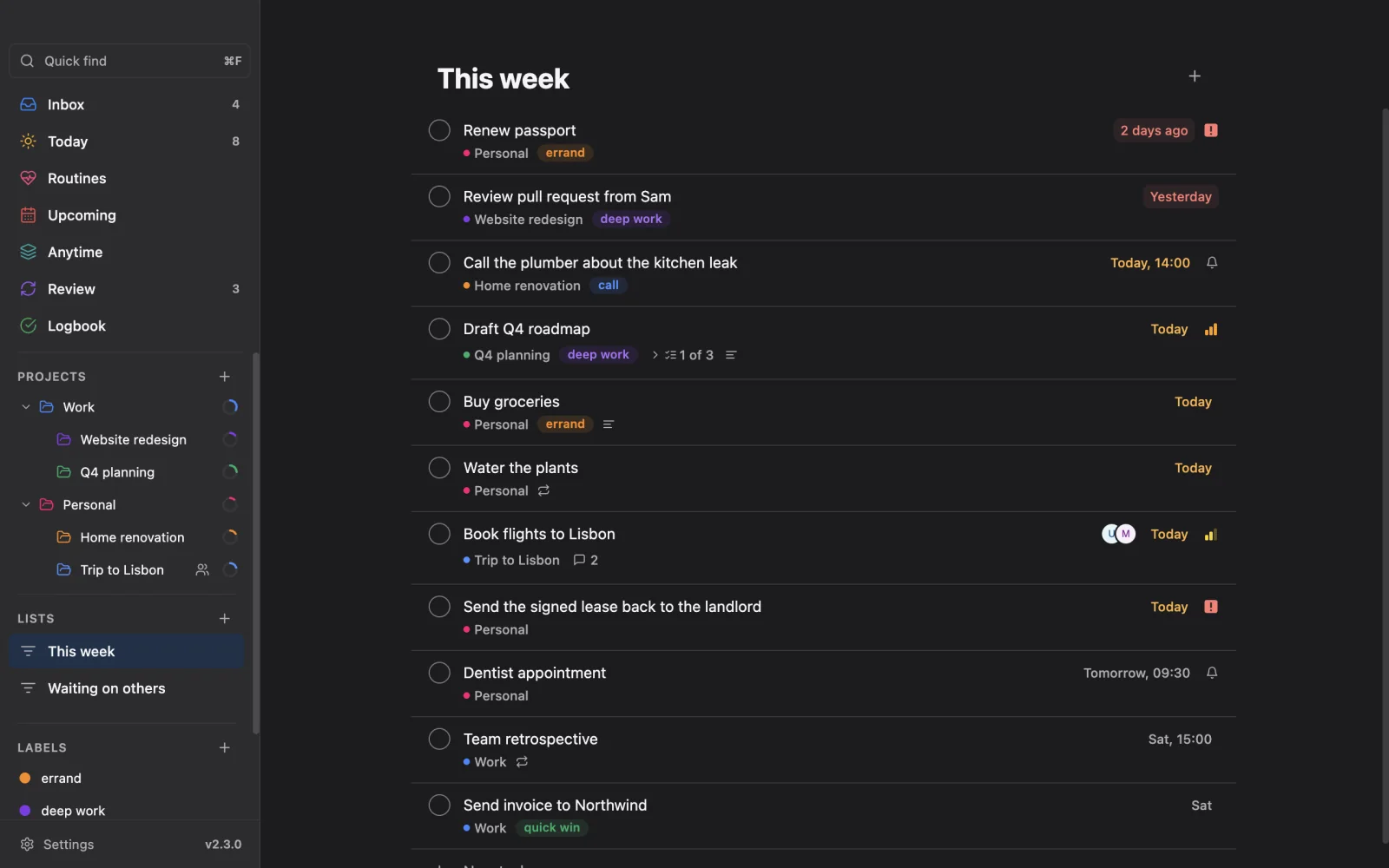 A custom list on the desktop in dark mode.