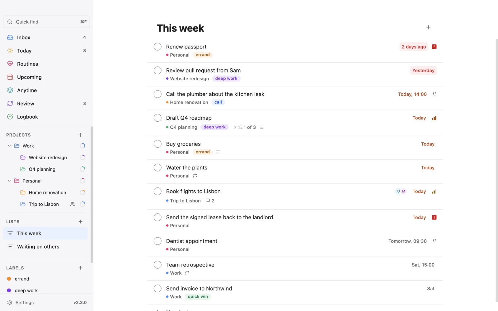 A custom list on the desktop called This week, with overdue tasks first and then this week's tasks.