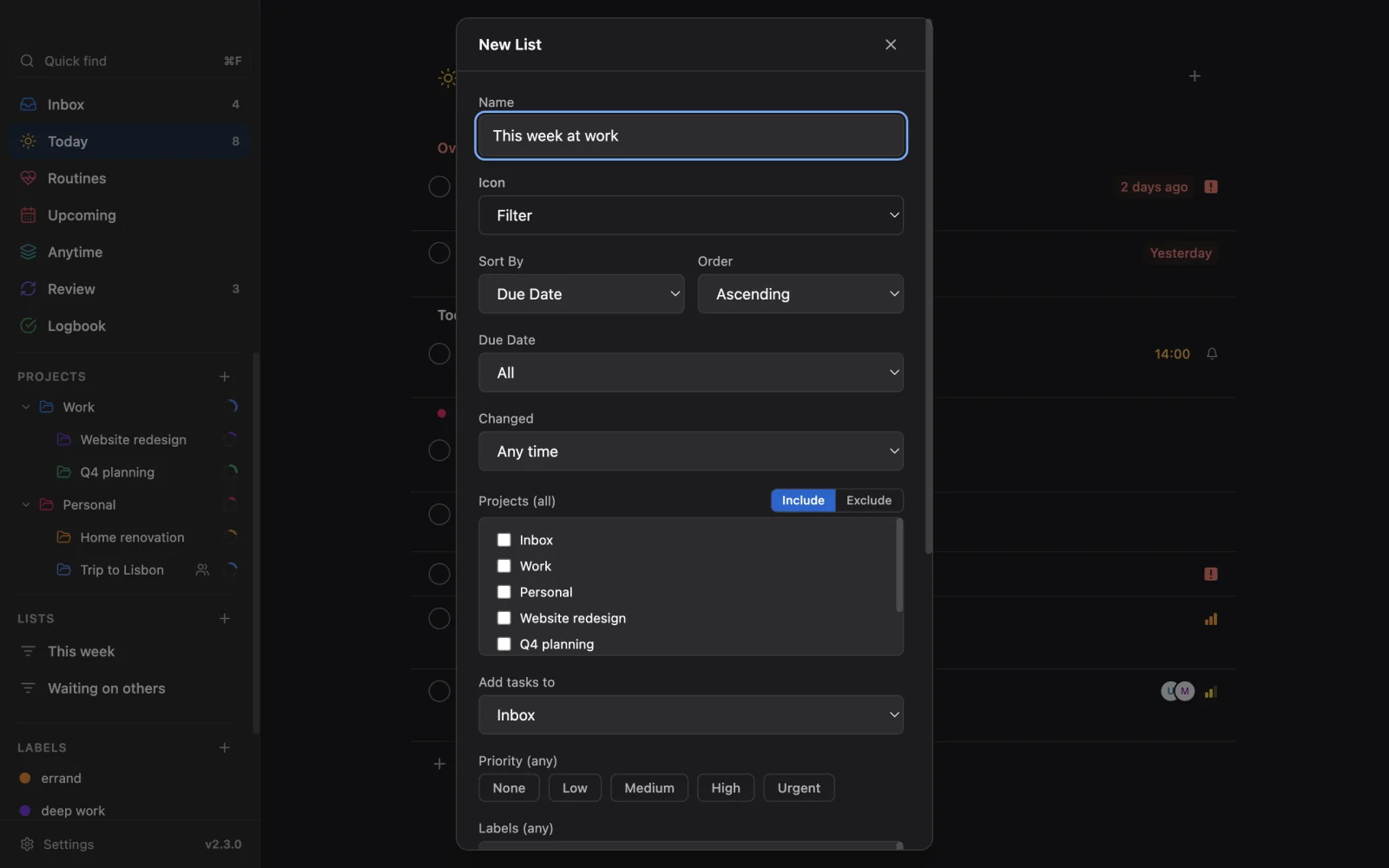 The custom list editor in dark mode.