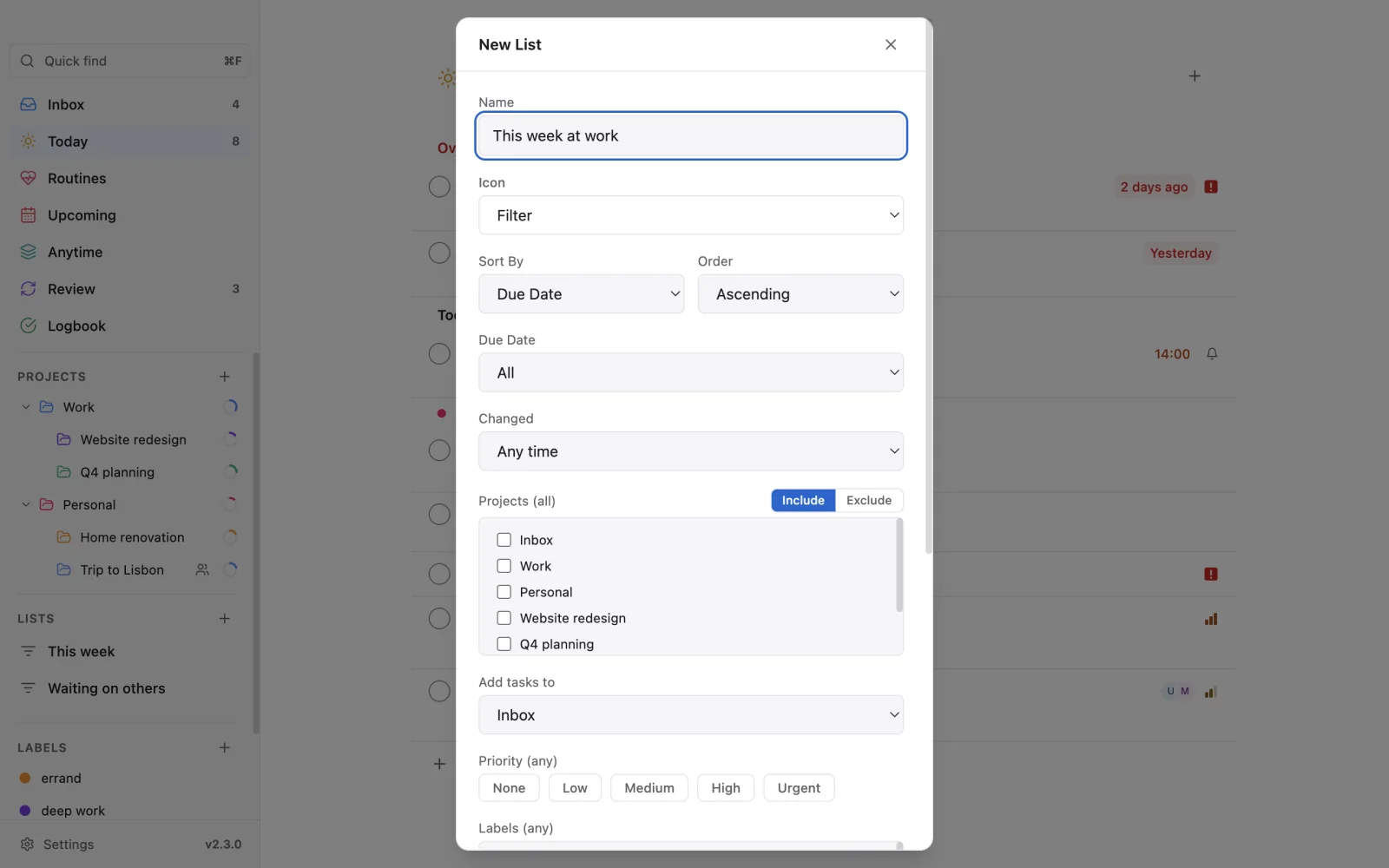 The custom list editor: name, icon, sort, due date window, changed, projects to include or exclude, where new tasks go, priority and labels.