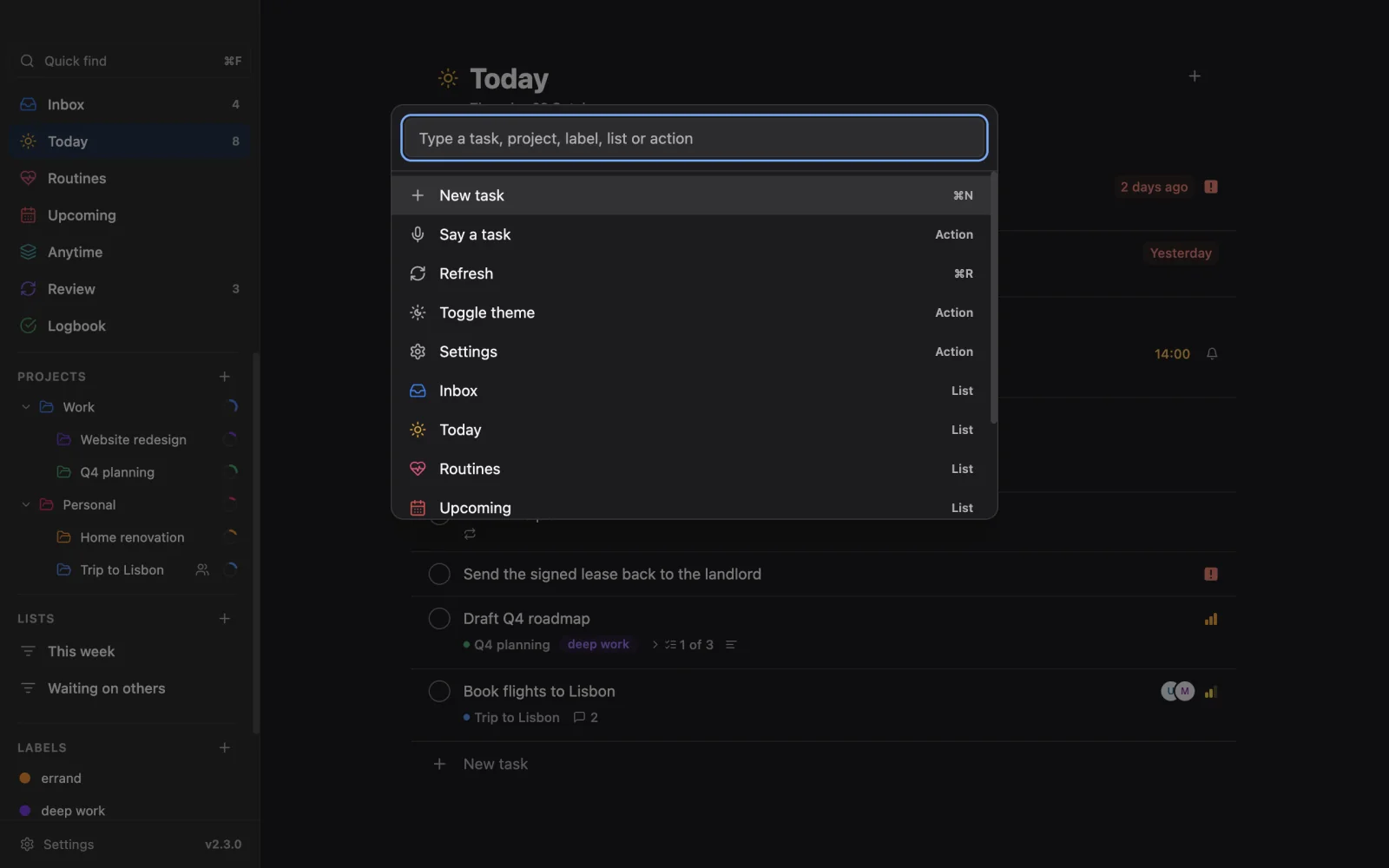 The command palette in dark mode.