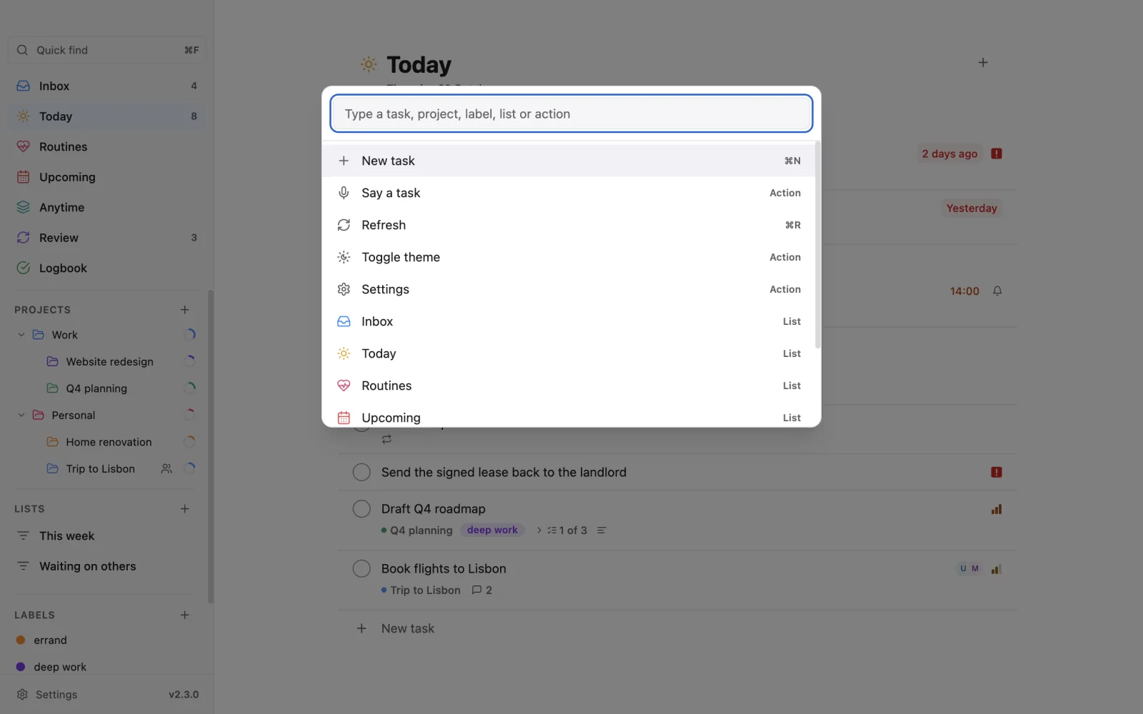 The command palette over Today: New task, Say a task, Refresh, Toggle theme, Settings and every list.
