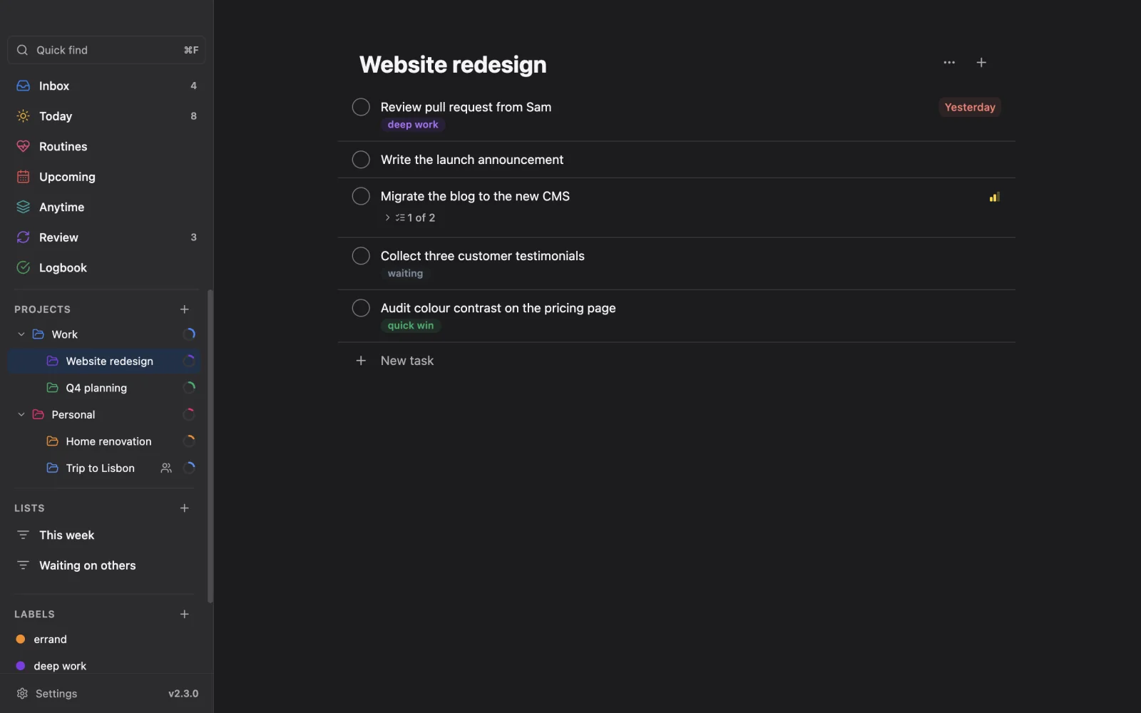 A project on the desktop in dark mode.