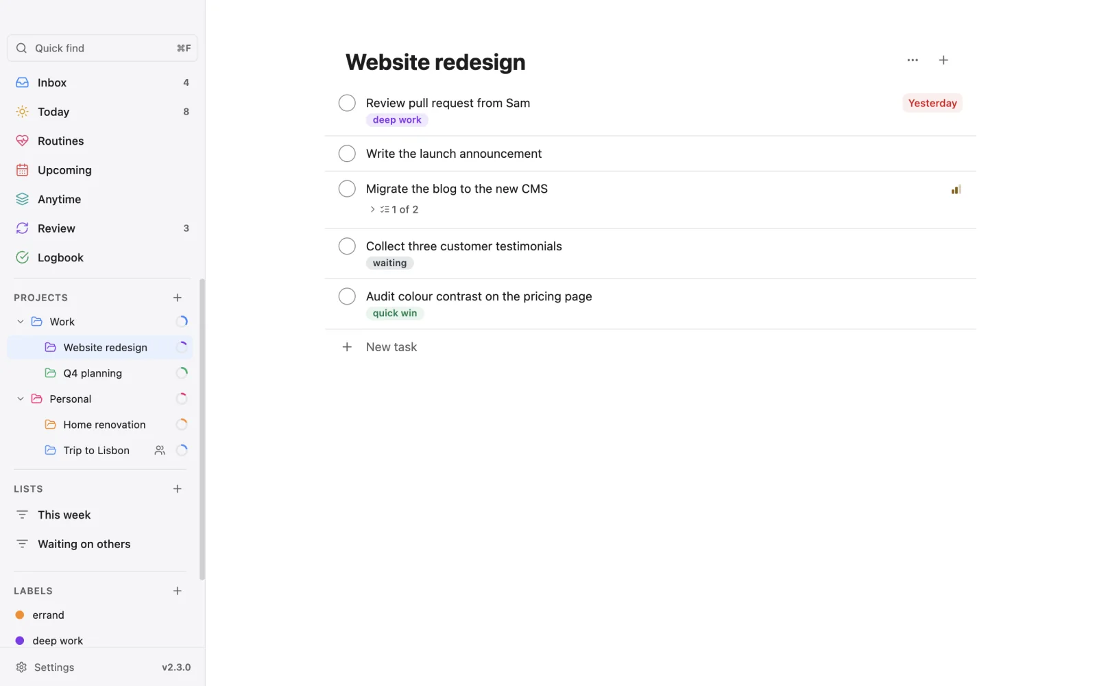 A project on the desktop: Website redesign with its tasks, labels and subtask counts; the sidebar shows areas and projects with progress rings.