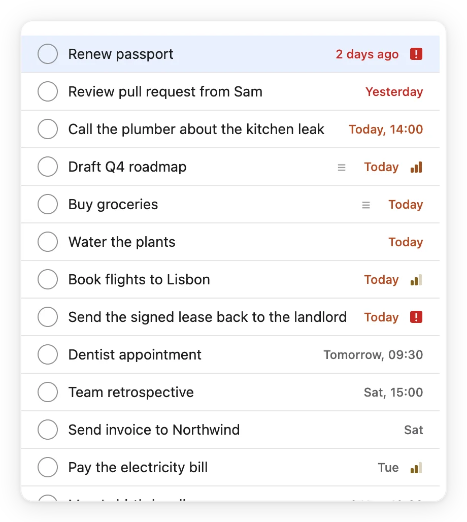 Quick View: a floating list of tasks with round checkboxes, due dates in words and priority marks.