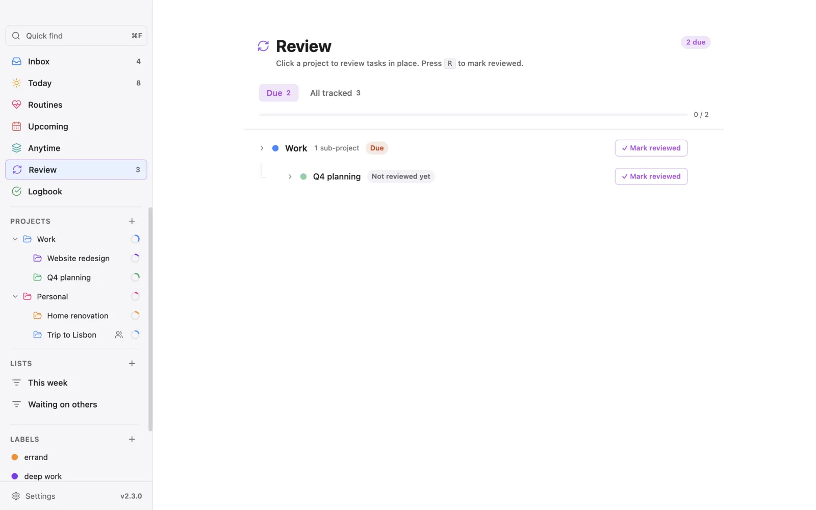 Review: projects due for review with Mark reviewed buttons; Work is due and Q4 planning has not been reviewed yet.