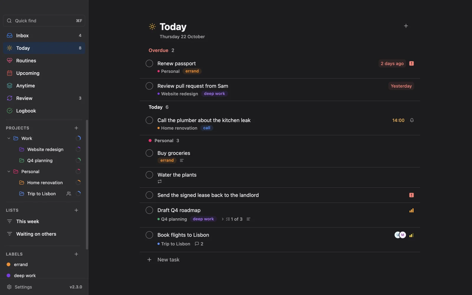 Vicu on the desktop in dark mode: the sidebar and the Today list with overdue tasks, today's tasks, projects, labels and priorities.