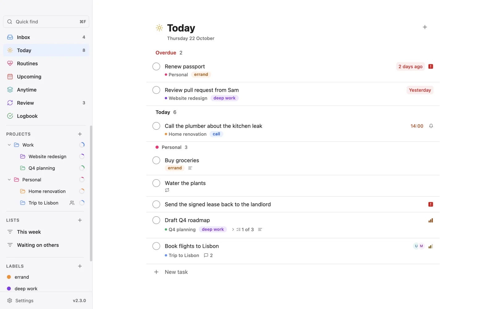 Vicu on the desktop: the sidebar with Inbox, Today, Upcoming, Anytime and Logbook, projects and custom lists; Today shows two overdue tasks and six for today with projects, labels, times and priorities.