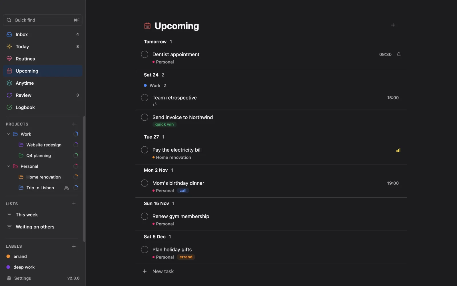 Upcoming on the desktop in dark mode.