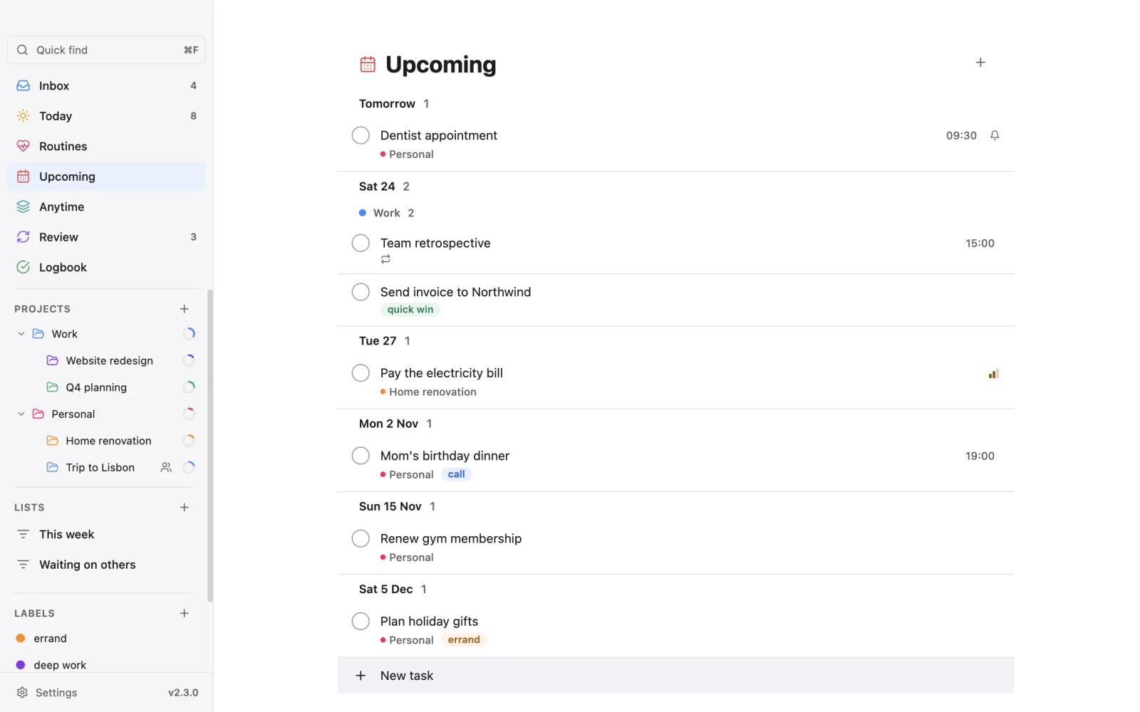 Upcoming on the desktop: tasks grouped by day, from tomorrow to December.