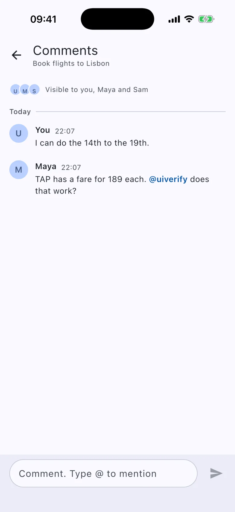 Comments on iPhone: the thread on Book flights to Lisbon, visible to you, Maya and Sam.