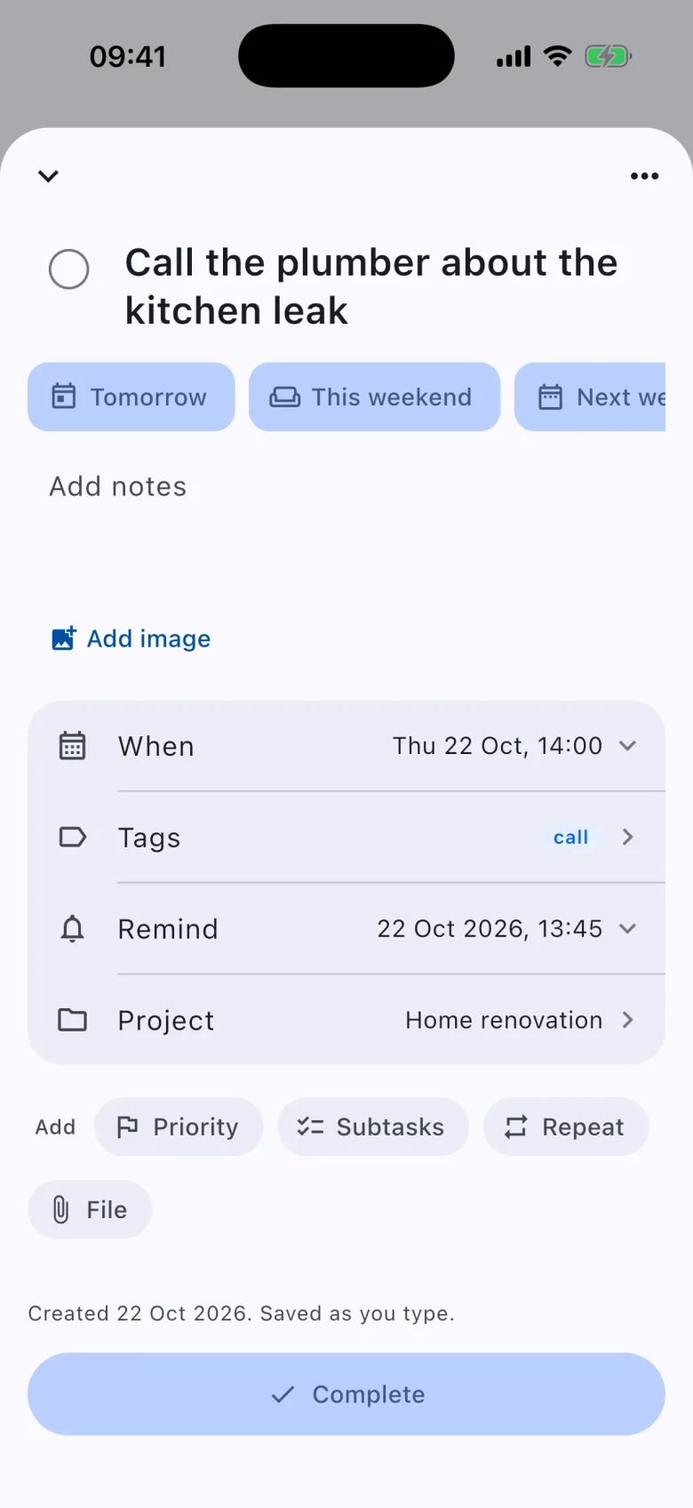 The task editor on iPhone: title, notes and the task's properties in one card.