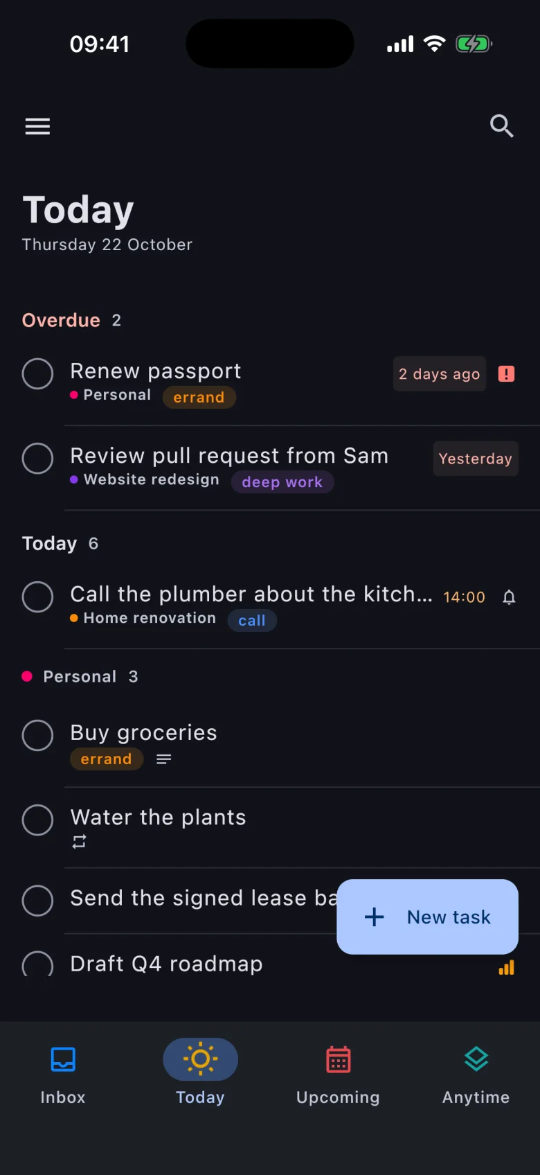 Vicu on iPhone in dark mode: the Today list.