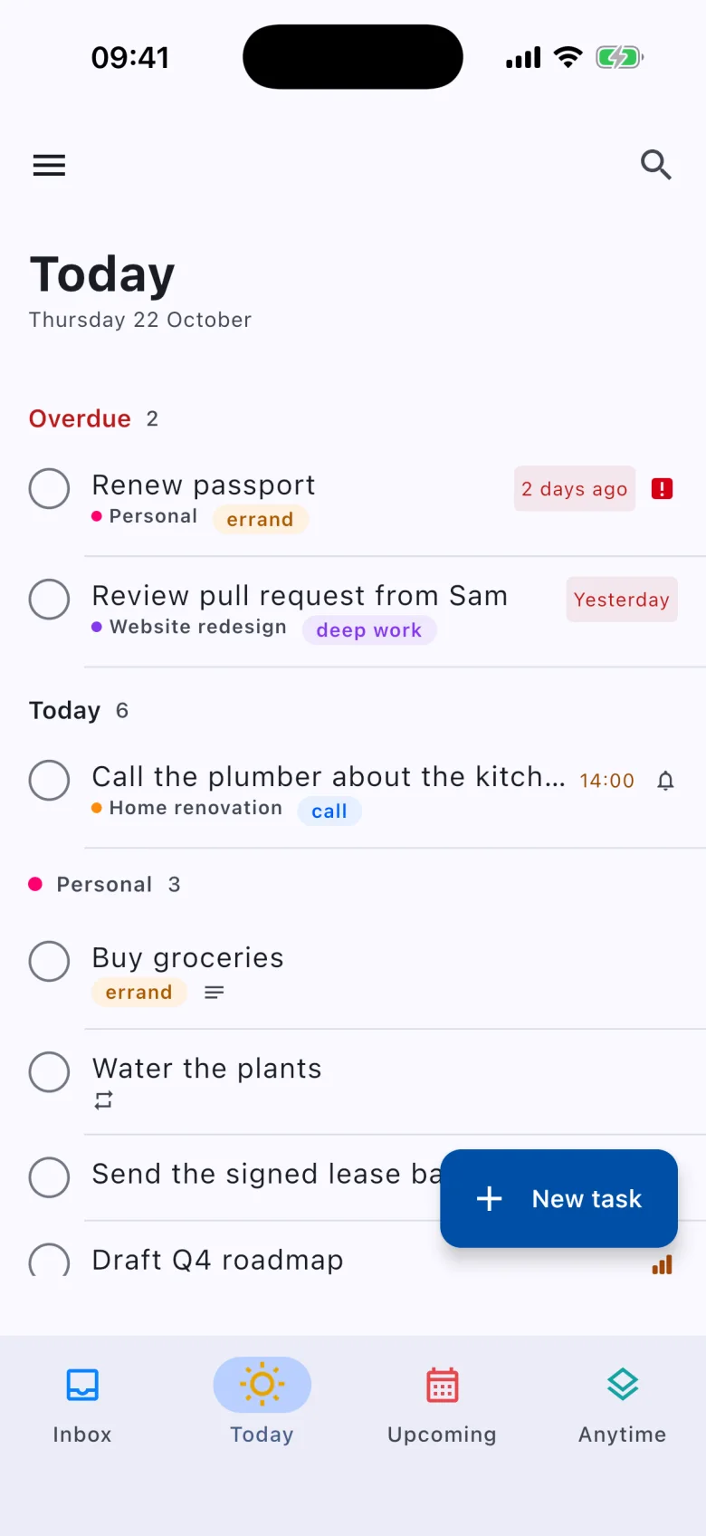 Vicu on iPhone: Today with overdue and today's tasks and the New task button.